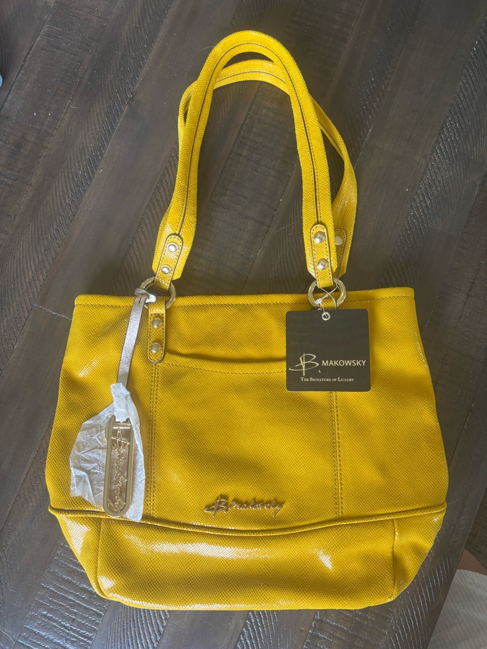 b. makowsky Bright Mustard Yellow Tote with Gold Accents